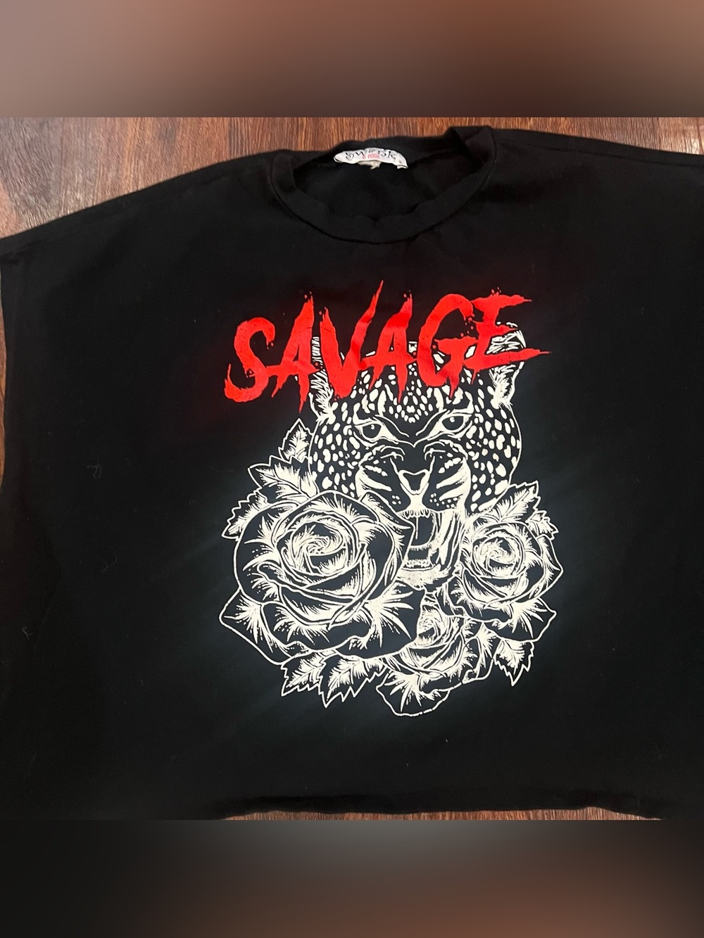 SWANK Black Tee with Red 'SAVAGE' & White Leopard Rose Graphic